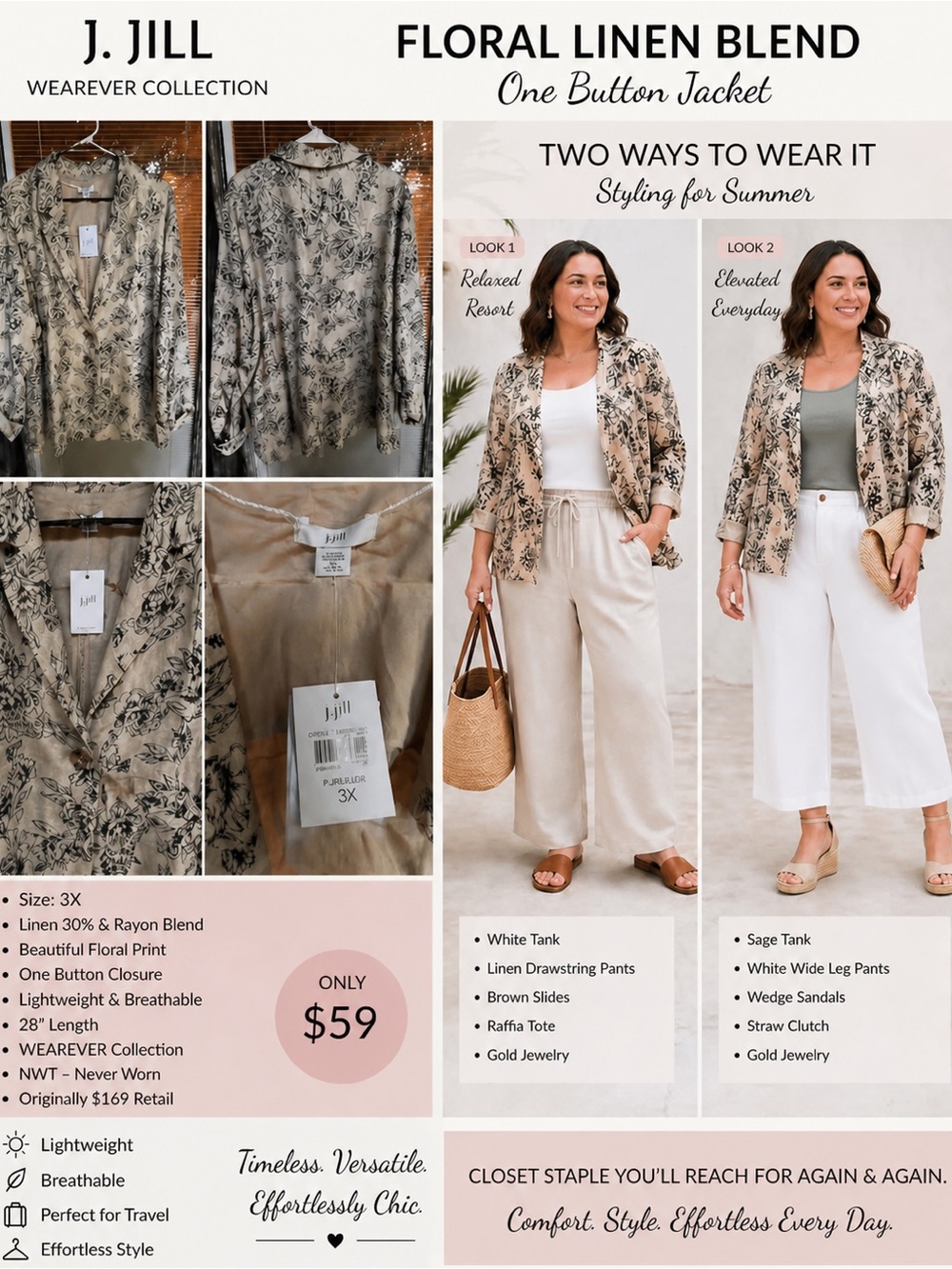 J. Jill  Sz 3x Beige Floral Linen-Blend One-Button Jacket NWT festival, event,